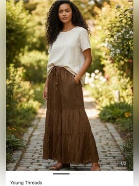 Young Threads Brown Wide-Leg Tiered Maxi Pants